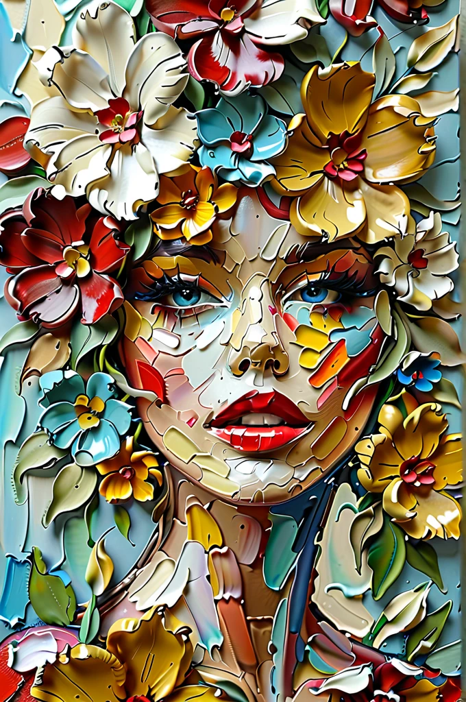 A vibrant and textured painting of a woman's face partially obscured by a burst of colorful flowers. The woman's lips are prominently painted in a deep shade of red. The flowers, primarily in shades of yellow, blue, and red, are depicted with thick, impasto brush strokes, giving them a three-dimensional appearance. The background consists of abstract blue and white strokes, which contrast with the vividness of the flowers and the woman's face.