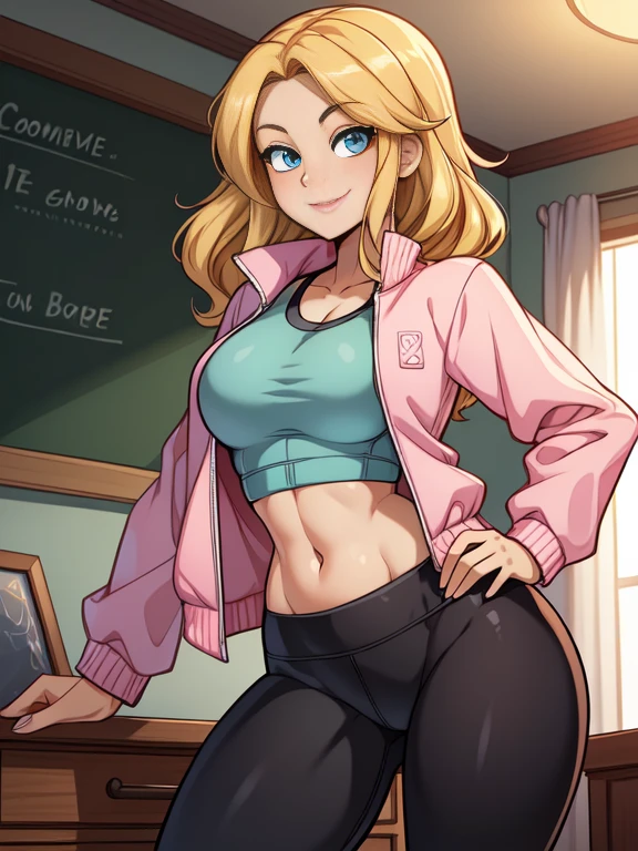 (best quality:1.3), (4K quality),masterpiece, best quality, high res, detailed, (Detailed face:1.2), (Detailed eyes:1.2), (Perfect figure:1.2), CARTOON, ANIME, CARTOON ARTSTYLE, 1girl, solo, wavy blonde hair, blue eyes, beautiful face. She's a college sorority girl. (Wearing: Opened pink jacket, gray baggy shirt, and Lululemon-branded black leggings). She has a carefree smile on her face; she's standing. Indoors, in a college sorority house
