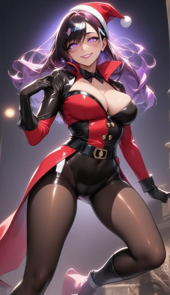  1 mature beautiful woman ,(masterpiece:1.3, top quality :1.3, very detailed depiction:1.3, incredible high definition:1.3,High quality anime drawings),(The Enchanting Thief:1.3),( sexy Santa Claus costume, Santa Claus hat ,His eyes are covered with a black Venetian mask:1.3,latex, luxury accessories , black tights, boots),(Glowing purple eyes, half-closed eyes:1.3, Crazy Eyes , big breasts, bewitching smile,Glossy lips, flashy makeup, eyeshadow,Seductive gestures,Beautiful legs, healthy legs,Curvaceous Body,High quality skin),Full body images:2.0,