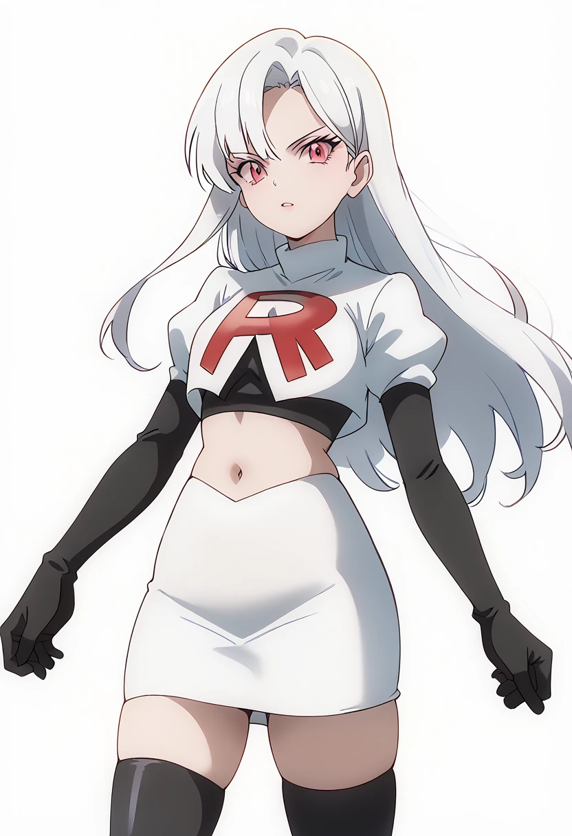 score_9_up,score_8_up,score_7_up,DL_MS,1girl,solo,white hair,looking at viewer,long hair,pink eyes,cowboy_shot,white_background,simple_background,team rocket,team rocket uniform,white skirt,red letter R,crop top,black thigh-highs,black elbow gloves