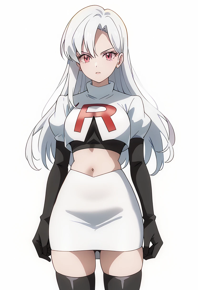 score_9_up,score_8_up,score_7_up,DL_MS,1girl,solo,white hair,looking at viewer,long hair,pink eyes,cowboy_shot,white_background,simple_background,team rocket,team rocket uniform,white skirt,red letter R,crop top,black thigh-highs,black elbow gloves