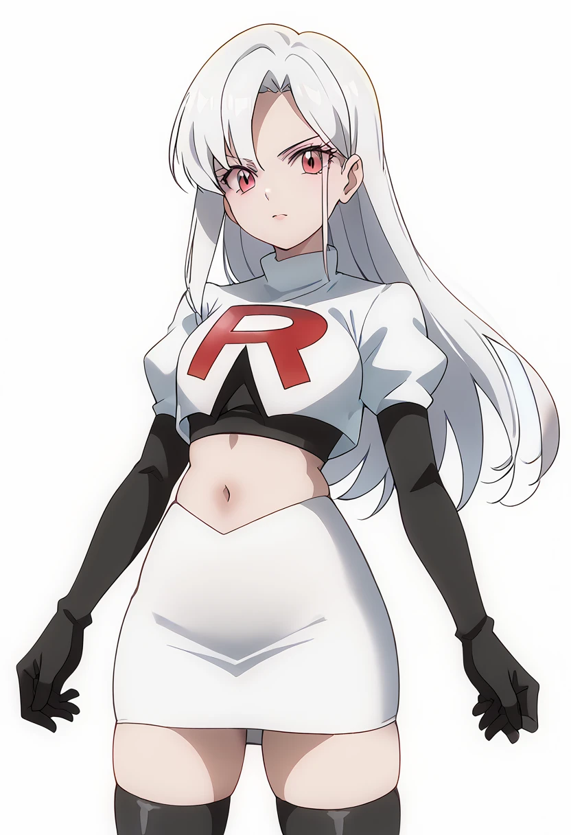 score_9_up,score_8_up,score_7_up,DL_MS,1girl,solo,white hair,looking at viewer,long hair,pink eyes,cowboy_shot,white_background,simple_background,team rocket,team rocket uniform,white skirt,red letter R,crop top,black thigh-highs,black elbow gloves