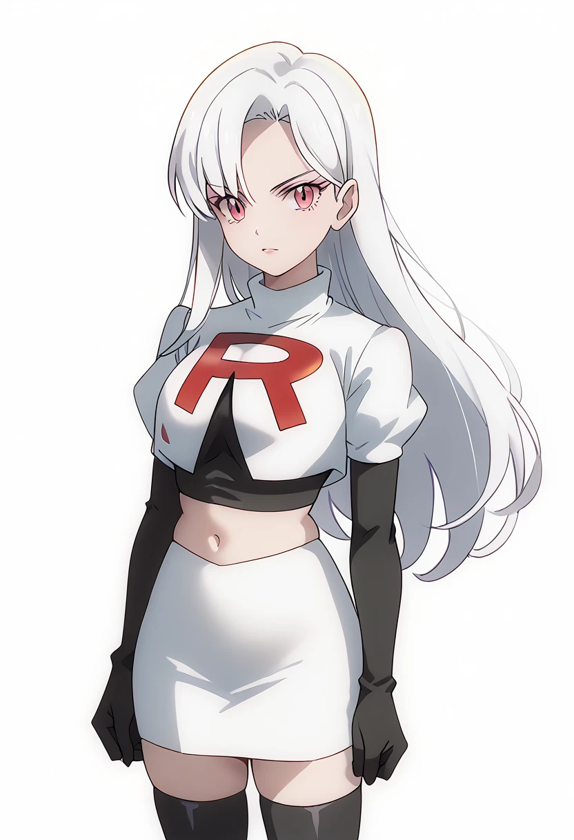 score_9_up,score_8_up,score_7_up,DL_MS,1girl,solo,white hair,looking at viewer,long hair,pink eyes,cowboy_shot,white_background,simple_background,team rocket,team rocket uniform,white skirt,red letter R,crop top,black thigh-highs,black elbow gloves