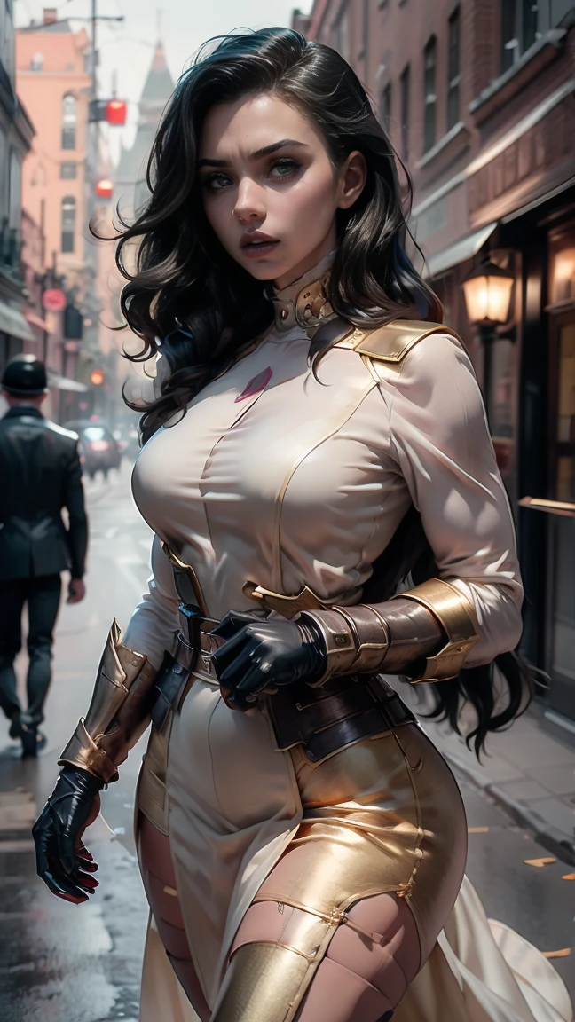 Scarlett Johansson is a young, black and long hair, Plump waist,
messy long hair, Russian hair, expensive luxury long dress silk,

White ant-man fabric shirt , 
gold ironman armor, 
slim white batman dress, 
dark orange mini dress, 
slim dark venom fabric, BG walking road, 

ultra gold rich vibrant colors,