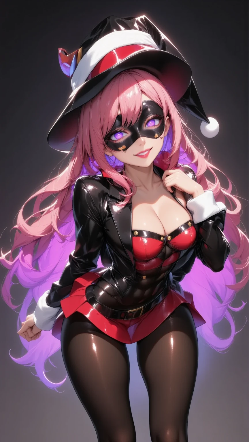  1 mature beautiful woman ,(masterpiece:1.3, top quality :1.3, very detailed depiction:1.3, incredible high definition:1.3,High quality anime drawings),(The Enchanting Thief:1.3),( sexy Santa Claus costume, Santa Claus hat ,His eyes are covered with a black Venetian mask:1.3,latex, luxury accessories , black tights, boots),(Glowing purple eyes, half-closed eyes:1.3, Crazy Eyes , big breasts, bewitching smile,Glossy lips, flashy makeup, eyeshadow,Seductive gestures,Beautiful legs, healthy legs,Curvaceous Body,High quality skin),Full body images:2.0,