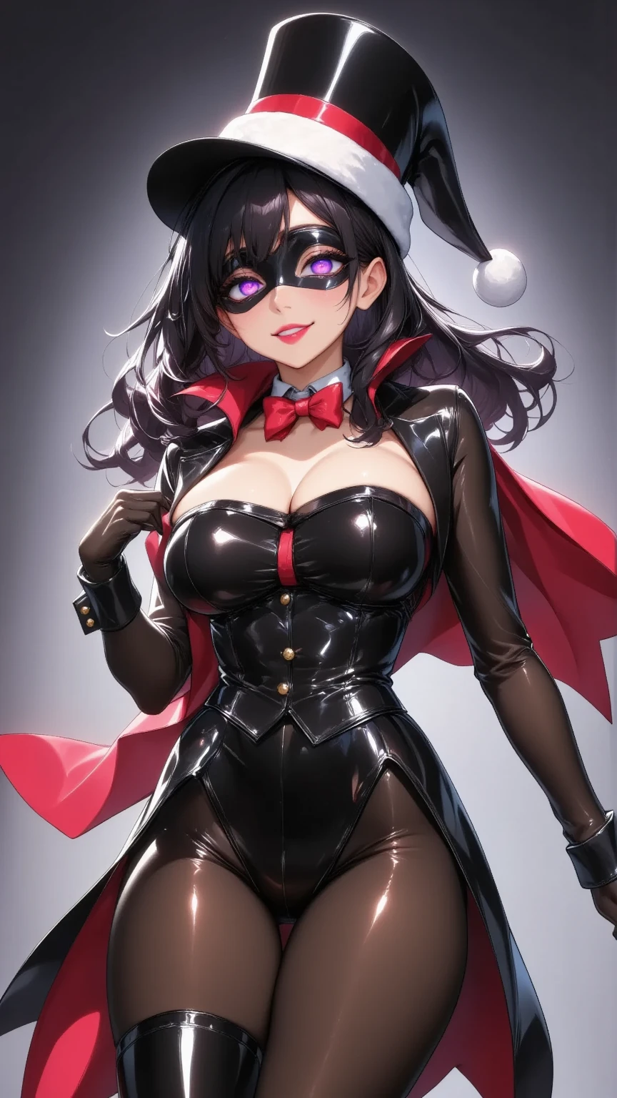  1 mature beautiful woman ,(masterpiece:1.3, top quality :1.3, very detailed depiction:1.3, incredible high definition:1.3,High quality anime drawings),(The Enchanting Thief:1.3),( sexy Santa Claus costume, Santa Claus hat ,His eyes are covered with a black Venetian mask:1.3,latex, luxury accessories , black tights, boots),(Glowing purple eyes, half-closed eyes:1.3, Crazy Eyes , big breasts, bewitching smile,Glossy lips, flashy makeup, eyeshadow,Seductive gestures,Beautiful legs, healthy legs,Curvaceous Body,High quality skin),Full body images:2.0,