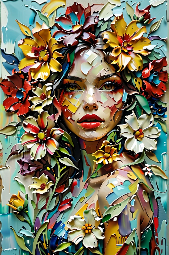 A vibrant and textured painting of a woman's face partially obscured by a burst of colorful flowers. The woman's lips are prominently painted in a deep shade of red. The flowers, primarily in shades of yellow, blue, and red, are depicted with thick, impasto brush strokes, giving them a three-dimensional appearance. The background consists of abstract blue and white strokes, which contrast with the vividness of the flowers and the woman's face.