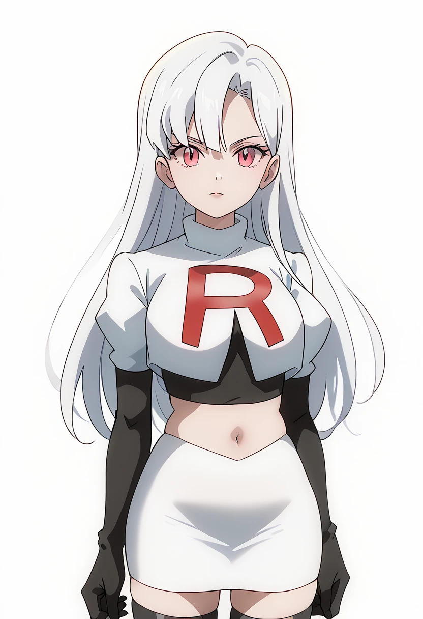 score_9_up,score_8_up,score_7_up,DL_MS,1girl,solo,white hair,looking at viewer,long hair,pink eyes,cowboy_shot,white_background,simple_background,team rocket,team rocket uniform,white skirt,red letter R,crop top,black thigh-highs,black elbow gloves