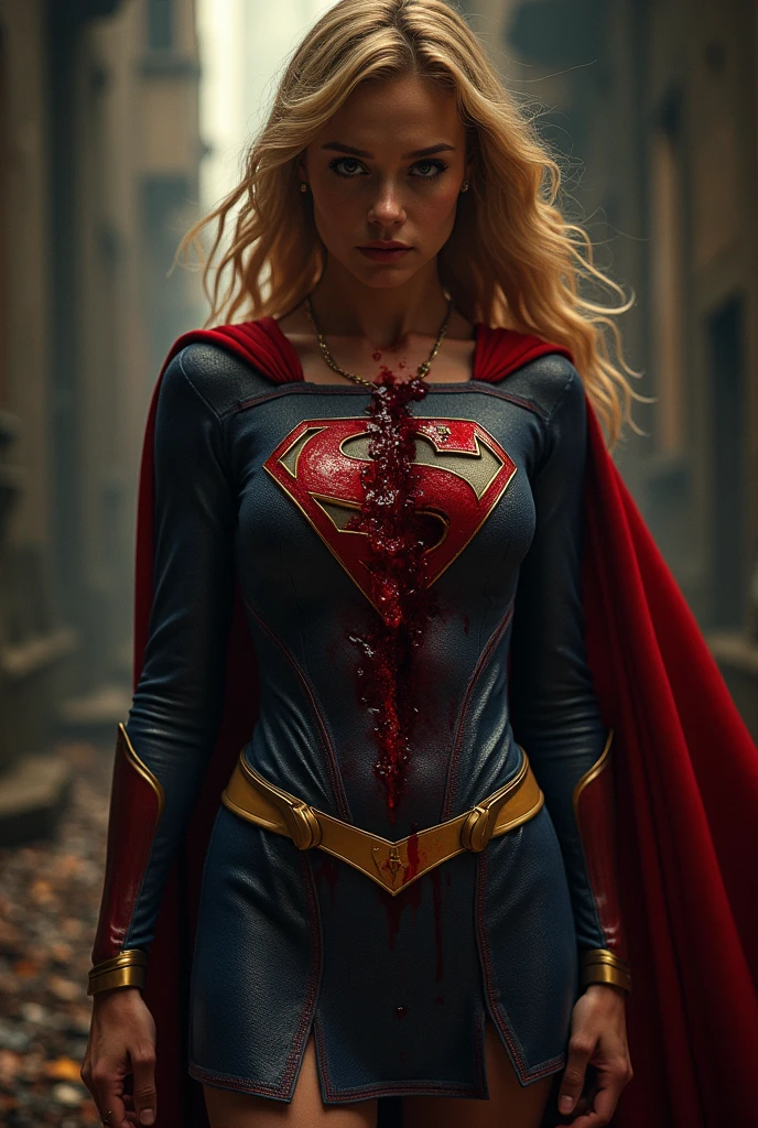 A beautiful woman Gaia Weiss under the mantle of the Kryptonian Kara Zor-El aka Supergirl long blonde hair on her knees screaming exhausted after a battle blood around her blue corset with Superman Man Of Steel Movie emblem red cape red leather pants red boots with white trim reflection of her in the blood rats and skulls terrifying and bloody images Dc universe logo