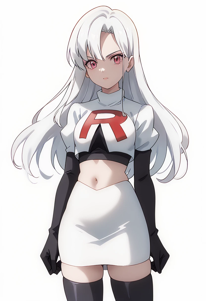 score_9_up,score_8_up,score_7_up,DL_MS,1girl,solo,white hair,looking at viewer,long hair,pink eyes,cowboy_shot,white_background,simple_background,team rocket,team rocket uniform,white skirt,red letter R,crop top,black thigh-highs,black elbow gloves