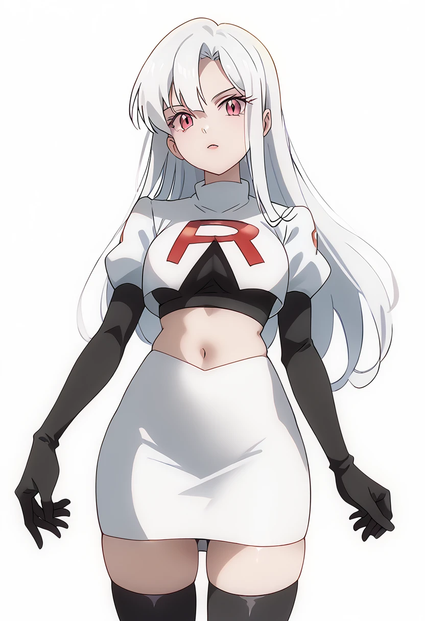 score_9_up,score_8_up,score_7_up,DL_MS,1girl,solo,white hair,looking at viewer,long hair,pink eyes,cowboy_shot,white_background,simple_background,team rocket,team rocket uniform,white skirt,red letter R,crop top,black thigh-highs,black elbow gloves