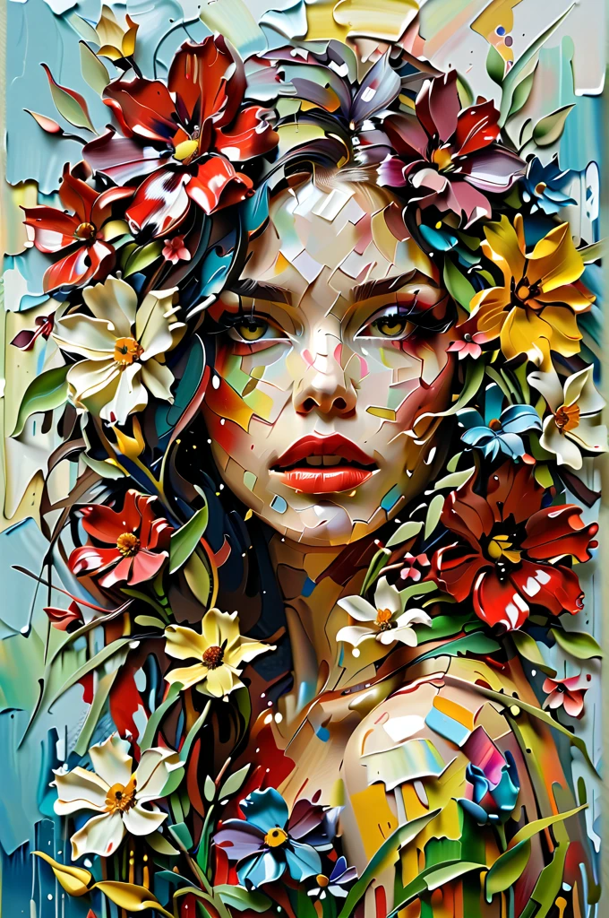 A vibrant and textured painting of a woman's face partially obscured by a burst of colorful flowers. The woman's lips are prominently painted in a deep shade of red. The flowers, primarily in shades of yellow, blue, and red, are depicted with thick, impasto brush strokes, giving them a three-dimensional appearance. The background consists of abstract blue and white strokes, which contrast with the vividness of the flowers and the woman's face.