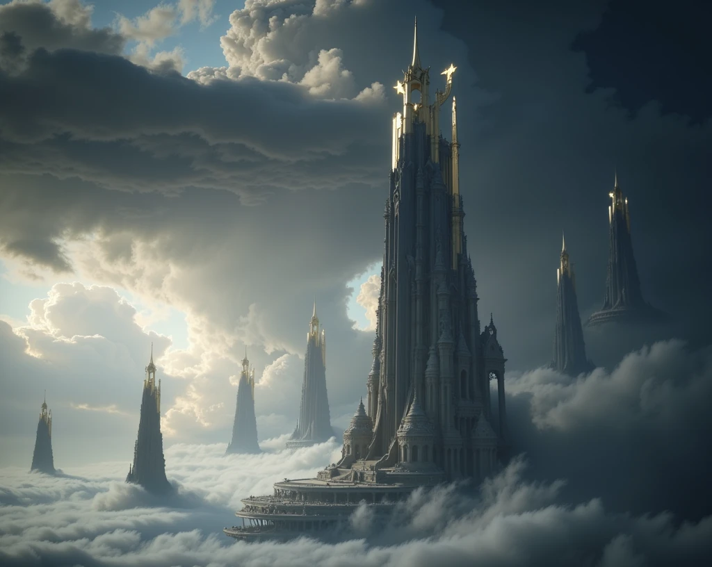 A digital artwork depicting an eerie, blending ancient Indian architectural to futuristic scene with multiple floating fortress-like  structures rising from a dense layer of clouds covering a sprawling cityscape below. The central lotus shaped demonic ancient south indian golden vimama with intricate south Indian architecture is the most prominent, featuring jagged, sharp edges and intricate details resembling a massive mechanical claw or wing. This dark gray and black structure dominates the composition, with its complex network of platforms, arches, and vertical spires extending upwards and interconnected by walkways. Surrounding this main structure are several smaller, similarly designed vimans/ships or cities, appearing fragmented and partially transparent, which add depth to the scene. These floating spaceships vary in size and shape, some appearing more organic than others, creating a sense of vastness and complexity. The background features a dramatic sky filled with swirling clouds illuminated by soft light emanating from the left side, casting shadows and highlights across the landscape. The color palette consists of cool tones such as dark grays, midnight blues, and misty whites, enhancing the mysterious atmosphere. The overall mood is ominous and otherworldly, emphasized by the high contrast between the illuminated areas and the deep shadows, the stark silhouettes against the bright backdrop, and the surreal arrangement of the floating structures.