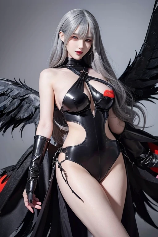 ladydevimon, wings,(((grey Hair1.5))), ((red eyes)),(((black Wings1.5))), bare face , fair skin, laugh,masterpiece, best quality, in detail,cute (big breasts), (split), whole body, Best image quality、masterpiece、8k、Anime Face、A kind smile、 beautiful body 、Cowboy Shot,sexy、Very detailed、highest quality, (((sexy cloth)))