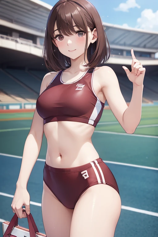 anegasaki nene、 shiny maroon hair,  short hair, ( brown pretty eyes 、 sparkling eyes , Fine grain)、smile、超 Detailsな目、非常に Detailsな顔, 非常に Detailsな目,cowboy shot、


,( sports bra),(Bloomers),(( Athletic Stadium:1.5)),((hand,  Details,perfection,perfectionion,hand))