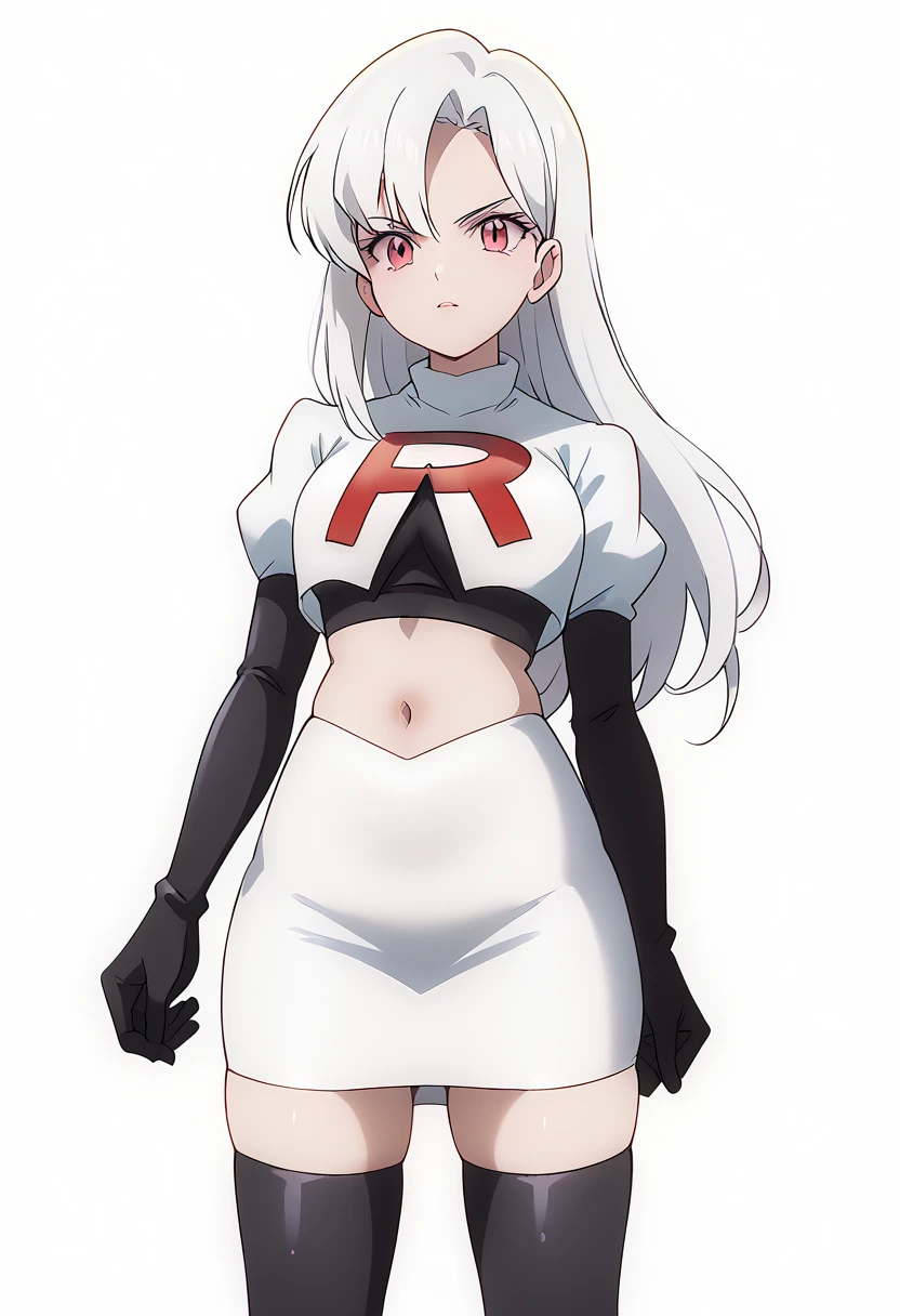 score_9_up,score_8_up,score_7_up,DL_MS,1girl,solo,white hair,looking at viewer,long hair,pink eyes,cowboy_shot,white_background,simple_background,team rocket,team rocket uniform,white skirt,red letter R,crop top,black thigh-highs,black elbow gloves