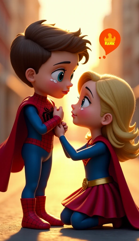 A semi-realistic and slightly stylized image of a heartfelt moment between a young Spider-Man and Supergirl, set on a sunlit urban street. The image is 70% stylized and 30% realistic, emphasizing soft, expressive features and warm lighting to convey emotion while maintaining detailed textures and vibrant colors. On the left, the like Spider-Man is dressed in his classic red-and-blue suit, complete with a black spider emblem on his chest and intricate web patterns across the fabric. The suit’s texture is finely detailed, resembling flexible, lightweight material. His red cape drapes softly behind him, adding a heroic yet vulnerable touch. Tears stream from his large, expressive blue eyes as he clutches his mask to his face, his downturned lips and furrowed brow conveying sadness and helplessness. To his right, Supergirl kneels beside him, offering comfort with a gentle hand on his shoulder. She is dressed in her iconic blue-and-red costume, featuring a bold "S" emblem on her chest, a flowing red cape, and a golden belt that accentuates her polished look. Her facial expression is tender and empathetic, with slightly furrowed brows and soft eyes showing genuine care. Her blonde hair falls naturally around her face, catching the golden sunlight, which enhances the scene's warmth. The background depicts a city street with blurred buildings and soft lighting, creating a serene yet emotionally charged atmosphere. The light casts warm, elongated shadows on the pavement, emphasizing the late afternoon setting. Above Supergirl’s head floats an orange "RANK 5" icon with flames, adding a subtle gamified element to the composition. This touching scene masterfully blends superhero imagery with a deep sense of connection and empathy, creating a visually striking and emotionally resonant moment.
