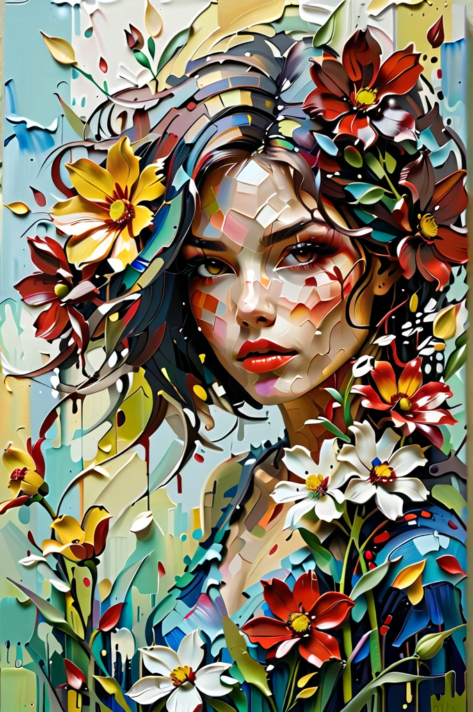 A vibrant and textured painting of a woman's face partially obscured by a burst of colorful flowers. The woman's lips are prominently painted in a deep shade of red. The flowers, primarily in shades of yellow, blue, and red, are depicted with thick, impasto brush strokes, giving them a three-dimensional appearance. The background consists of abstract blue and white strokes, which contrast with the vividness of the flowers and the woman's face.