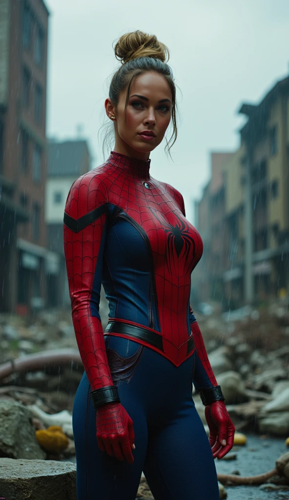 A beautiful woman in a amazing spider-man costume, bun blonde hair, giant breasts, ruined building, abandoned city, heavy rain, cloudy sky, finely detailed eyes and detailed face, cinematic lighting, dramatic pose, dynamic action, vibrant colors, digital art, concept art, 8k, photorealistic, cinematic, hyperrealistic, high contrast, volumetric lighting, moody atmosphere, movie poster