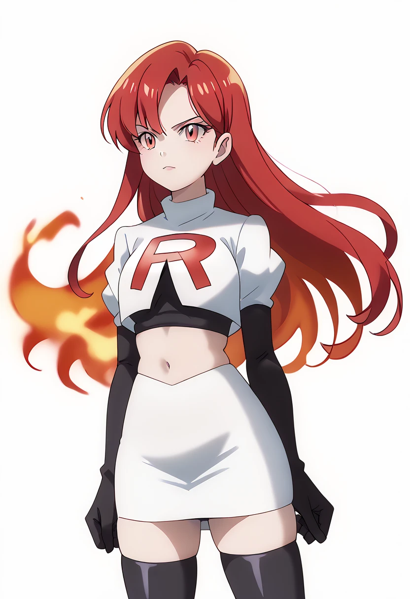 score_9_up,score_8_up,score_7_up,DL_MS,1girl,solo,fire,long hair,red hair,pink eyes,white_background,simple_background,team rocket,team rocket uniform,white skirt,red letter R,crop top,black thigh-highs,black elbow gloves, cowboy_shot,