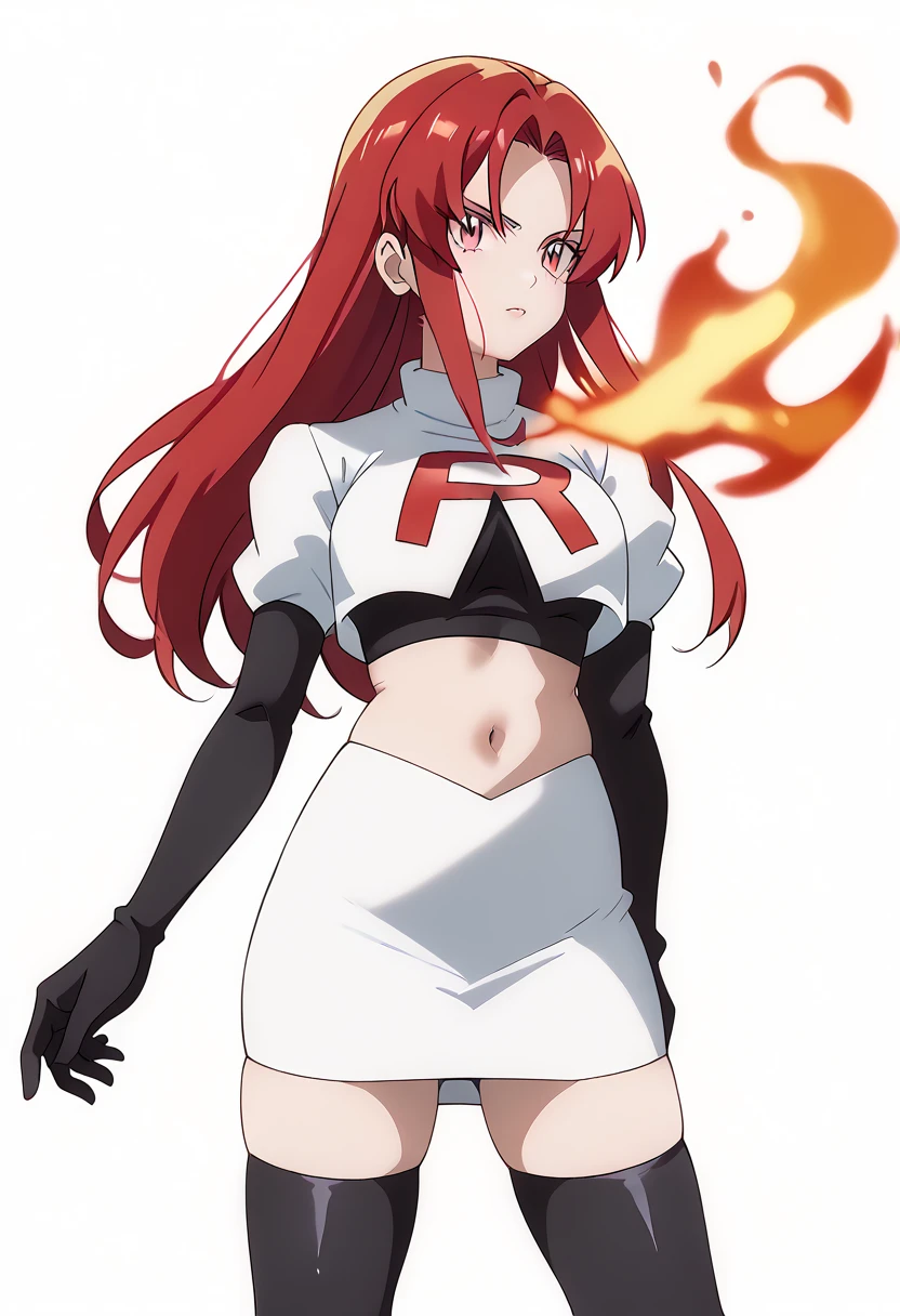 score_9_up,score_8_up,score_7_up,DL_MS,1girl,solo,fire,long hair,red hair,pink eyes,white_background,simple_background,team rocket,team rocket uniform,white skirt,red letter R,crop top,black thigh-highs,black elbow gloves, cowboy_shot,