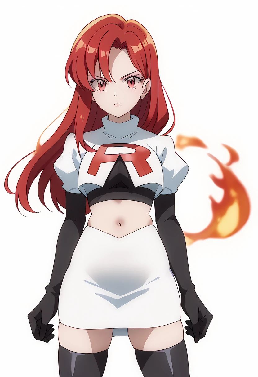 score_9_up,score_8_up,score_7_up,DL_MS,1girl,solo,fire,long hair,red hair,pink eyes,white_background,simple_background,team rocket,team rocket uniform,white skirt,red letter R,crop top,black thigh-highs,black elbow gloves, cowboy_shot,