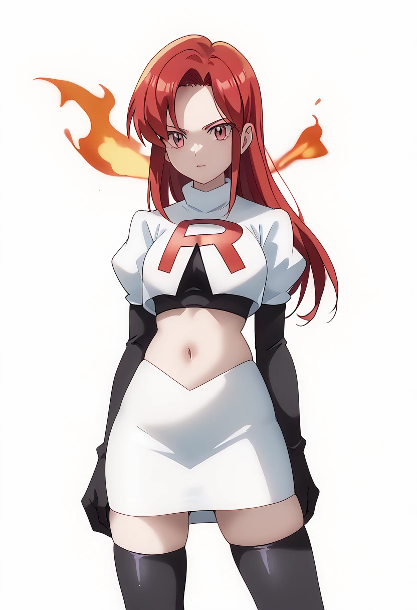 score_9_up,score_8_up,score_7_up,DL_MS,1girl,solo,fire,long hair,red hair,pink eyes,white_background,simple_background,team rocket,team rocket uniform,white skirt,red letter R,crop top,black thigh-highs,black elbow gloves, cowboy_shot,