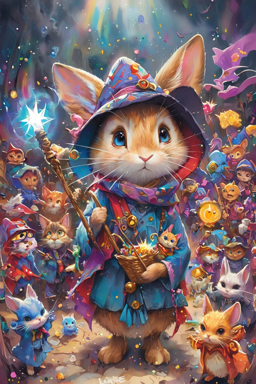   This picture looks like 々There is a wizard cat wearing a wizard outfit, Vivid cartoon art, beepleとJeremiah Ketner,   colorful   crowd,     cute cat,  Inspiration  , cute   colorful   adorable,   Greg Beeple  , very Crowded,   Dan Mumford and Pixar  ,   colorful  !  Character Design , (((Luke Chueh)))