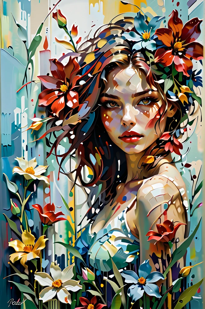 A vibrant and textured painting of a woman's face partially obscured by a burst of colorful flowers. The woman's lips are prominently painted in a deep shade of red. The flowers, primarily in shades of yellow, blue, and red, are depicted with thick, impasto brush strokes, giving them a three-dimensional appearance. The background consists of abstract blue and white strokes, which contrast with the vividness of the flowers and the woman's face.