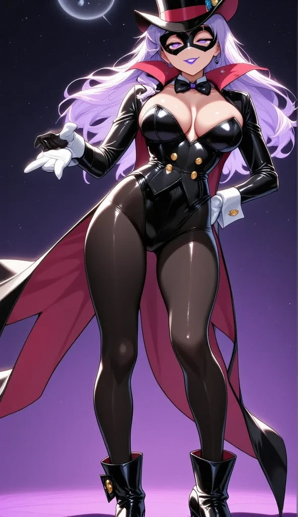  Young Beautiful Woman,1 person:1.3,(masterpiece:1.3, top quality :1.3, very detailed depiction:1.3, incredible high definition:1.3,High quality anime drawings),(Bewitching Female Phantom Thief :1.3),(Sexy Female Phantom Thief Outfit, tuxedo,Gentleman&#39;s hat,His eyes are covered with a black Venetian mask:1.3,latex, luxury accessories , black tights, boots),(Glowing purple eyes, half-closed eyes:1.3,Rolling eyes, normal breasts, bewitching smile,Glossy lipstick, flashy makeup,Seductive gestures,Beautiful legs, healthy legs,Curvaceous Body,High quality skin),Fall, dynamic images ,