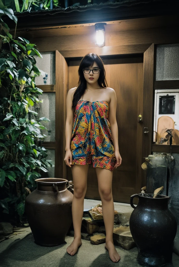 SFW, Phone photo, night portrait of native Thai women ,30 year old woman with length black hair and natural make up, She standing front of old wood hut . She wears a Sarong-clad ,A woman in a brightly colored sarong and She wears glasses. She Holding a water bowl for take showering . The background is darken and corn field view far away with one cattle, beside big Dragon saliva jar and charcoal stove and paddy rice bag, vine cling to the wall.