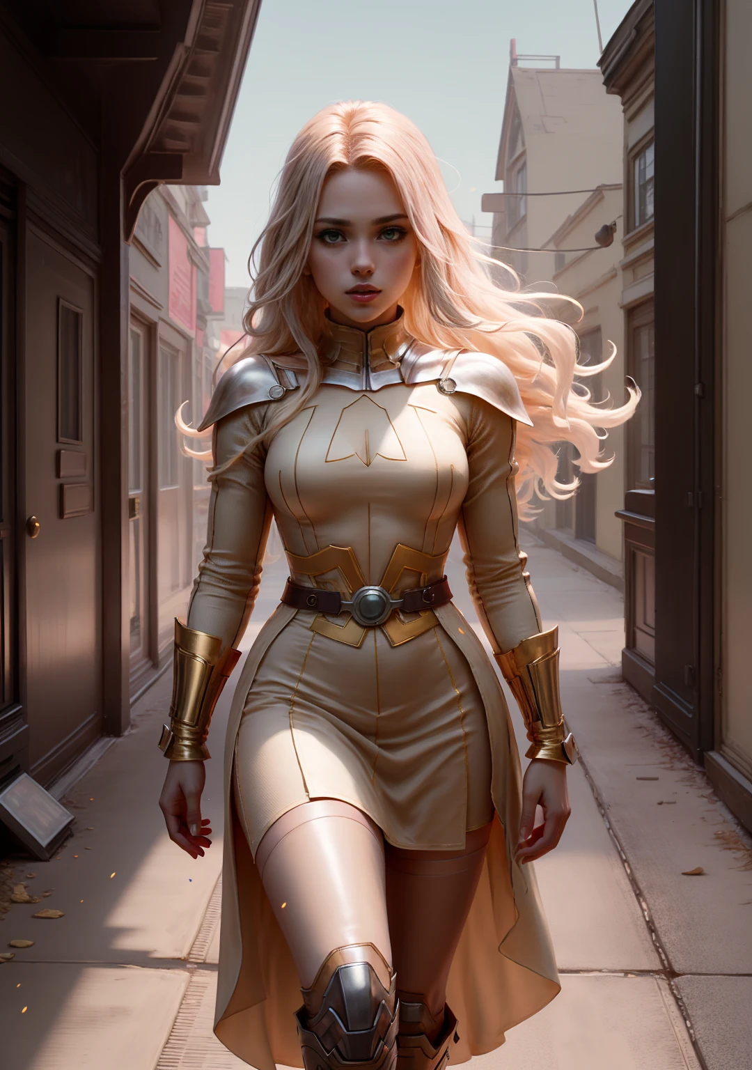 Scarlett Johansson is a young, black and long hair, Plump waist,
messy long hair, Russian hair, expensive luxury long dress silk,

White ant-man fabric shirt , 
gold ironman armor, 
slim white batman dress, 
dark orange mini dress, 
slim dark venom fabric, BG walking road, 

ultra gold rich vibrant colors,