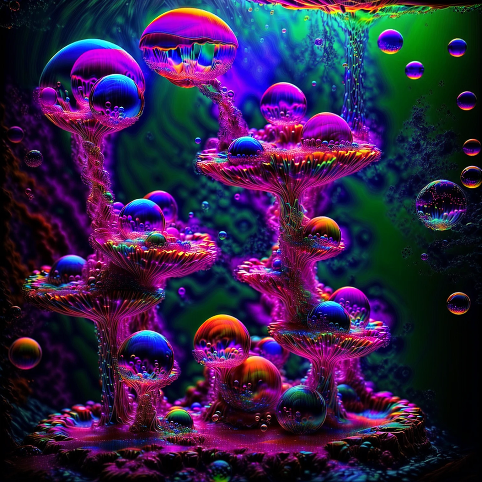 A close up of beautiful bubbles floating on top of each other, LSD, DMT imagery. octane render, psychedelic droplets of water, abstract liquid, and intricate rainbow art. octane render, black 3d fluid simulation,  ethereal bubbles, swirling liquids, and highly detailed, octane render, reflective rainbow bubbles, twisted colors inside of glass spheres, Psilocybin Dream inside an amazing image of light emerging from colors in a shimmering glass morphing out of colors, bright neon and fluorescent colors,very bright, vibrant colors, perfectly formed and symmetrical reflective bubbles and spheres, attention to detail with these beautiful bubbles and spheres, Extreme Hallucinations in a gorgeous piece of  psychedelic digital artwork, Stunning, pixel art, tripped out colors, 4d mandelbulb psychedelics, glass like psychedelic landscape, intricate rainbow environment, psychedelic underwater brightness and glow with neon colors, glowing colors twist inside of translucent glass spheres and bubbles with light and color reflecting off of both in bright fluorescent colors, psychedelic trip, fluorescent and neon aesthetic, psychedelic vibrant colors, bright psychedelic paint splattered backgrounds,swirling spirals and vortex, bright vibrant colors popping out from 3d glass spheres, Rotational Symmetry, Pixel Assets, Portrait photography, Surrealism, Photorealistic, Hyperdetailed, Glass Morphism, Digital Art, Sparkle, Optical Illusion, Glowing Light, Reflective Light, Overexposure, Backlighting, Depth Of Field, Spheres and bubbles show perfect Symmetry, UHD, High Details, High Quality, Super Detailed, Full Focus, Awe inspiring, Shockingly unique wallpaper art, Breathtaking, Indescribably Beautiful, Heaven sent images, Best Quality, Award Winning, MasterpieceA close up of beautiful bubbles floating on top of each other, LSD, DMT imagery. octane render, psychedelic droplets of water, abstract liquid, and intricate rainbow art. octane render, black 3d fluid simulation,  ethereal bubbl