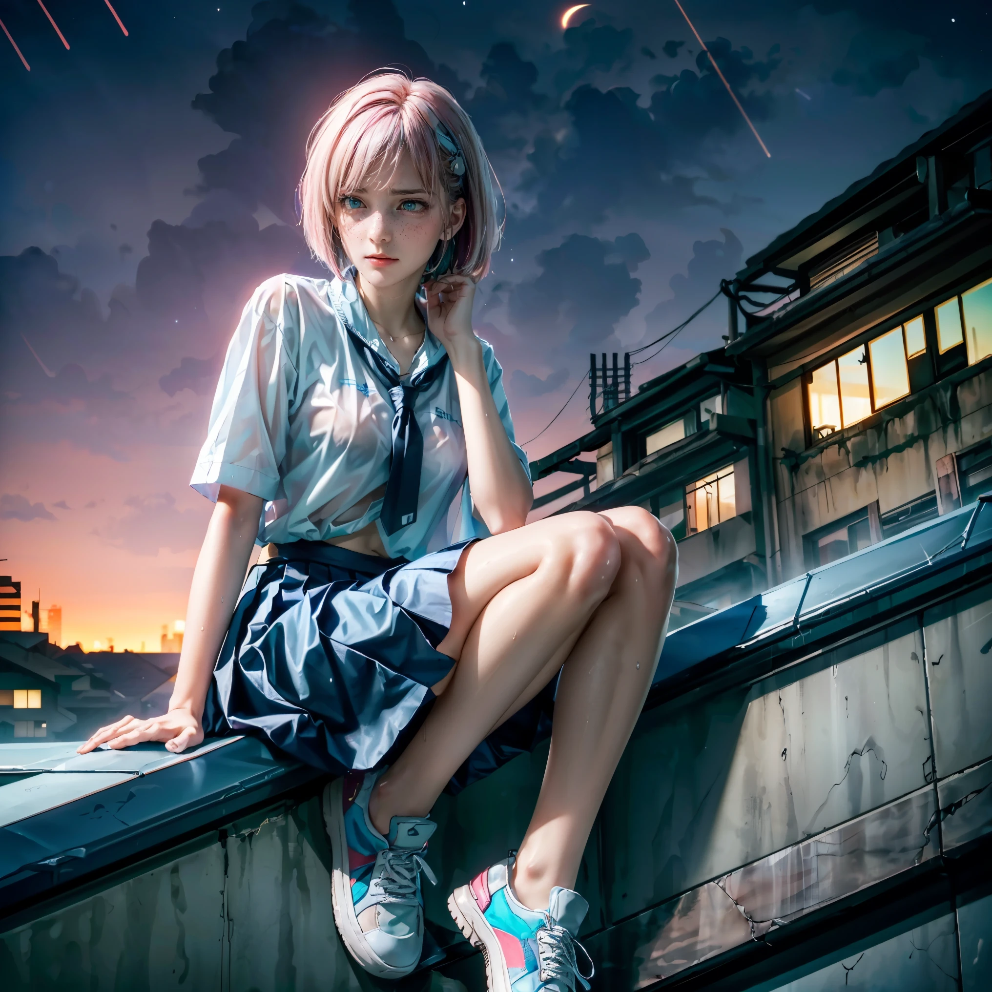 (((Full-length portrait a depressed girl sitting on the edge of zinc roof))), (rain drop:1.3), (white school girl uniform, pleated skirt, sneakers:1.3), (cityscape:1.2), (rainy city:1.3), (the milky way in the sky, beautiful night sky, stars:1.4), (dusk:1.2), (small breasts), photoreal, panoramic anamorphic, looking across the shoulder, (masterpiece), (see through:1.2), (soaking wet:1.1), (sexy, low three-quarter angle shot:1.35), (cyber slums:1.2), (slums town on top:1.36), (cyberpunk 2077), beautiful neon city, (pink hair), multicolored eyes, multicolored hair, (bob cut),
