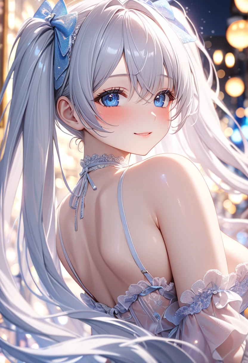 (((((nsfw))))),  One girl , Alone, gp_Cinderella ,【FHD,  super detailed , top-quality,  very delicate , cinematic Lighting,   super detailed  , 【FHD,  super detailed , top-quality,  very delicate ,   faces the lens , Front View ,masterpiece,  top quality ,  Cute Poses ,  dynamic angle ,  amazingly absurd ,  high detail eyes, ((tsurime)),  cute eyes from the right, smile, whole body,  cute face, From the right, , Turn to the side, Anakilox ,  twin tails,  very long hair ,    silver hair,  Hair Covering One Eye, Blue Eye, Eye Contours , Big Breasts, Bokeh, Shibuya,  Christmas Illuminations, Light,  neon sign 