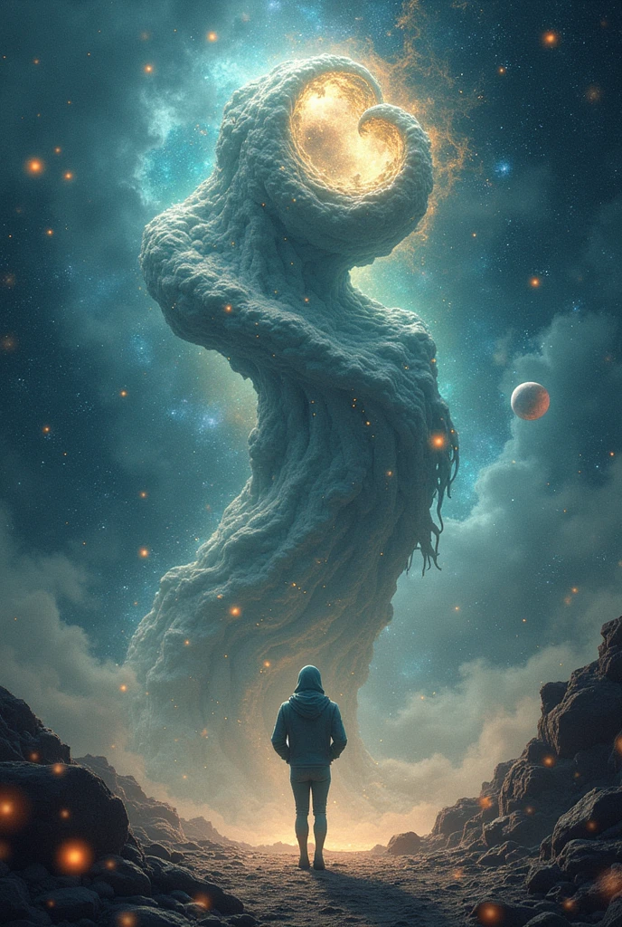 anime style, cinematic still 3D CGI octane rendering of a monumental scifi lovecraftian cosmic creature looking down at a lone explorer, eldritch horror with smoke tendrils emerging from a void portal in a cosmic dreamscape, cinematic still, giant lovecraftian eldritch horror, monumental, monumental, glowing blue energy, alien, amoeba, galaxy smoke tendrils, night sky, scifi, shiny intricate details, sharp, 3D rendering, cinematic lighting, unreal engine, blender, jjba style