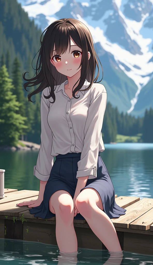 Generate 1girl, brown hair, brown eyes, who is at peace with herself, her character design barring traits like, introspective, smart, calm and laidback, masterpiece, highly detailed, high res, ultrasharp, 8k, sitting by a lake, looking into the sunset in silent wonder and contemplation.