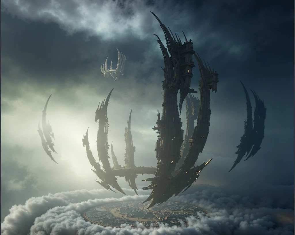 A matte painting depicting an eerie, blending ancient Indian architectural to futuristic scene with multiple floating fortress-like structures rising from a dense layer of clouds covering a sprawling cityscape below. The central lotus shaped demonic ancient south indian golden vimama with intricate south Indian architecture is the most prominent, featuring jagged, sharp edges and intricate details resembling a massive mechanical claw or wing. This dark gray and black structure dominates the composition, with its complex network of platforms, arches, and vertical spires extending upwards and interconnected by walkways. Surrounding this main structure are several smaller, similarly designed vimans/ships or cities, appearing fragmented and partially transparent, which add depth to the scene. These floating spaceships vary in size and shape, some appearing more organic than others, creating a sense of vastness and complexity. The background features a dramatic sky filled with swirling clouds illuminated by soft light emanating from the left side, casting shadows and highlights across the landscape. The color palette consists of cool tones such as dark grays, midnight blues, and misty whites, enhancing the mysterious atmosphere. The overall mood is ominous and otherworldly, emphasized by the high contrast between the illuminated areas and the deep shadows, the stark silhouettes against the bright backdrop, and the surreal arrangement of the floating structures