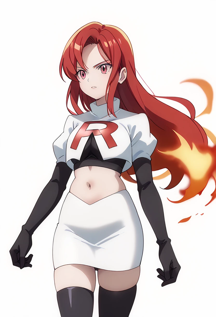 score_9_up,score_8_up,score_7_up,DL_MS,1girl,solo,fire,long hair,red hair,pink eyes,white_background,simple_background,team rocket,team rocket uniform,white skirt,red letter R,crop top,black thigh-highs,black elbow gloves, cowboy_shot,