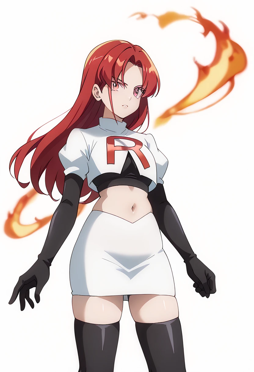 score_9_up,score_8_up,score_7_up,DL_MS,1girl,solo,fire,long hair,red hair,pink eyes,white_background,simple_background,team rocket,team rocket uniform,white skirt,red letter R,crop top,black thigh-highs,black elbow gloves, cowboy_shot,