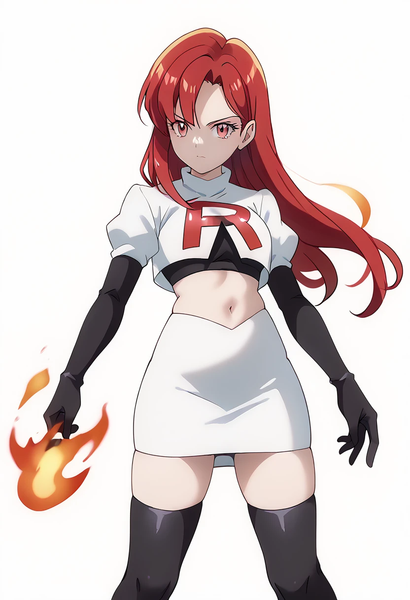 score_9_up,score_8_up,score_7_up,DL_MS,1girl,solo,fire,long hair,red hair,pink eyes,white_background,simple_background,team rocket,team rocket uniform,white skirt,red letter R,crop top,black thigh-highs,black elbow gloves, cowboy_shot,