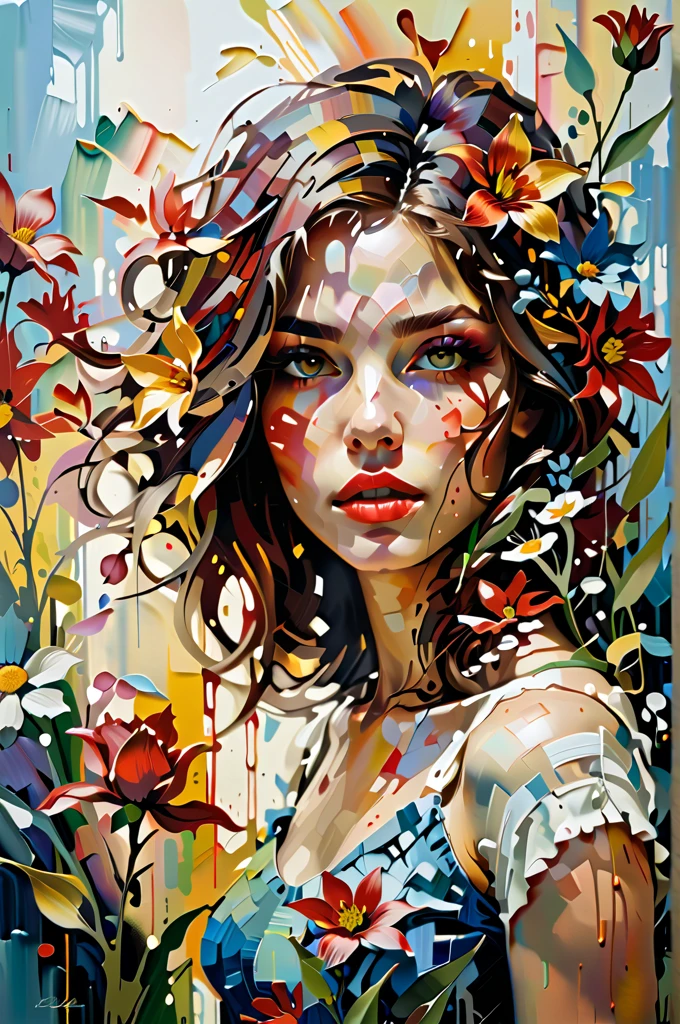 A vibrant and textured painting of a woman's face partially obscured by a burst of colorful flowers. The woman's lips are prominently painted in a deep shade of red. The flowers, primarily in shades of yellow, blue, and red, are depicted with thick, impasto brush strokes, giving them a three-dimensional appearance. The background consists of abstract blue and white strokes, which contrast with the vividness of the flowers and the woman's face.