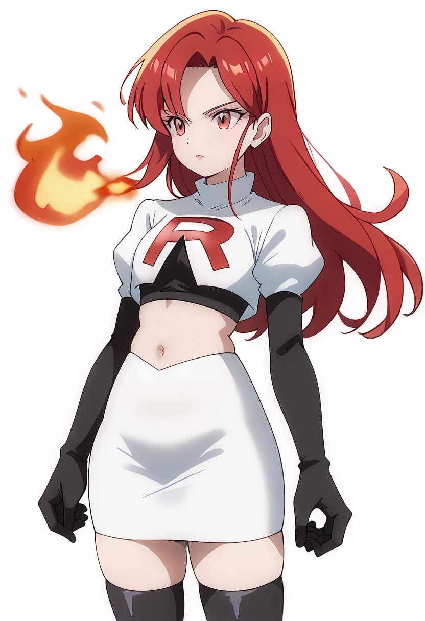 score_9_up,score_8_up,score_7_up,DL_MS,1girl,solo,fire,long hair,red hair,pink eyes,white_background,simple_background,team rocket,team rocket uniform,white skirt,red letter R,crop top,black thigh-highs,black elbow gloves, cowboy_shot,