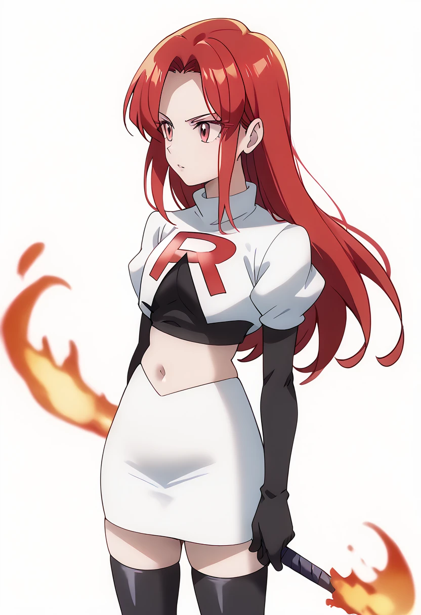 score_9_up,score_8_up,score_7_up,DL_MS,1girl,solo,fire,long hair,red hair,pink eyes,white_background,simple_background,team rocket,team rocket uniform,white skirt,red letter R,crop top,black thigh-highs,black elbow gloves, cowboy_shot,