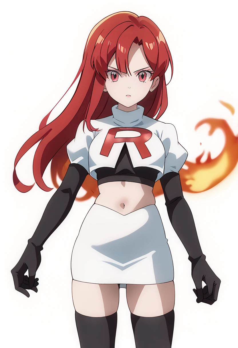 score_9_up,score_8_up,score_7_up,DL_MS,1girl,solo,fire,long hair,red hair,pink eyes,white_background,simple_background,team rocket,team rocket uniform,white skirt,red letter R,crop top,black thigh-highs,black elbow gloves, cowboy_shot,