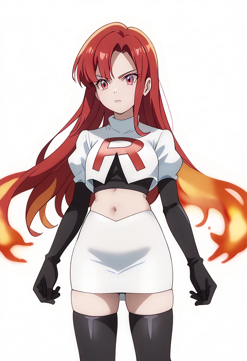 score_9_up,score_8_up,score_7_up,DL_MS,1girl,solo,fire,long hair,red hair,pink eyes,white_background,simple_background,team rocket,team rocket uniform,white skirt,red letter R,crop top,black thigh-highs,black elbow gloves, cowboy_shot,