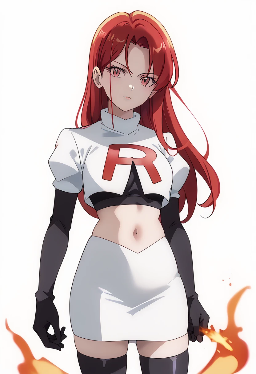 score_9_up,score_8_up,score_7_up,DL_MS,1girl,solo,fire,long hair,red hair,pink eyes,white_background,simple_background,team rocket,team rocket uniform,white skirt,red letter R,crop top,black thigh-highs,black elbow gloves, cowboy_shot,