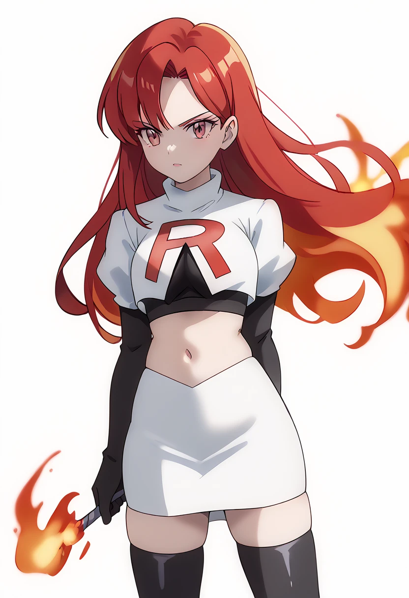 score_9_up,score_8_up,score_7_up,DL_MS,1girl,solo,fire,long hair,red hair,pink eyes,white_background,simple_background,team rocket,team rocket uniform,white skirt,red letter R,crop top,black thigh-highs,black elbow gloves, cowboy_shot,