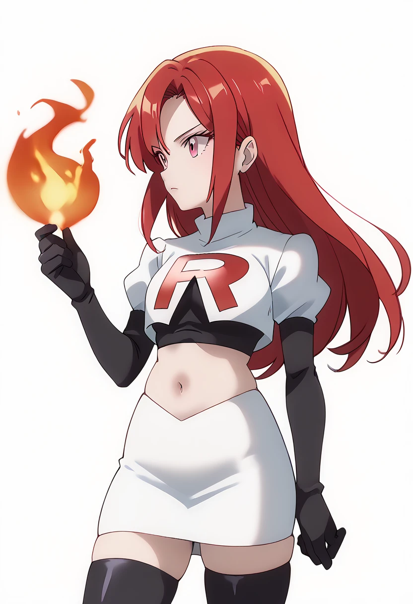 score_9_up,score_8_up,score_7_up,DL_MS,1girl,solo,fire,long hair,red hair,pink eyes,white_background,simple_background,team rocket,team rocket uniform,white skirt,red letter R,crop top,black thigh-highs,black elbow gloves, cowboy_shot,