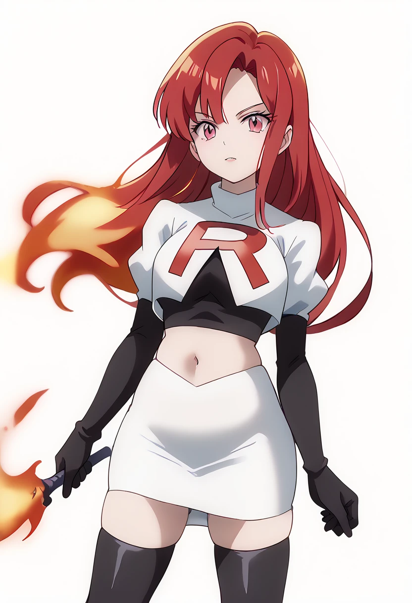 score_9_up,score_8_up,score_7_up,DL_MS,1girl,solo,fire,long hair,red hair,pink eyes,white_background,simple_background,team rocket,team rocket uniform,white skirt,red letter R,crop top,black thigh-highs,black elbow gloves, cowboy_shot,